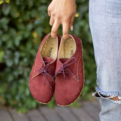 Earthing Shoes With Copper, Oxford Style Lace-up for Women, Burgundy Nubuck