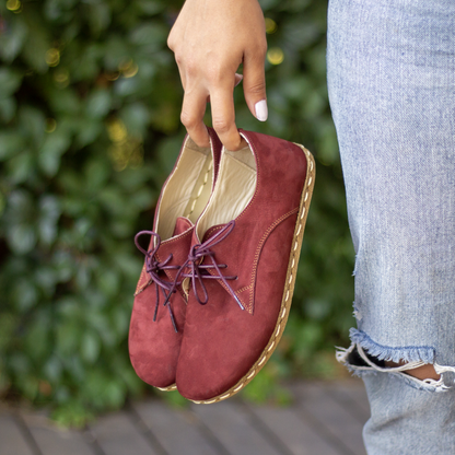 Earthing Shoes With Copper, Oxford Style Lace-up for Women, Burgundy Nubuck