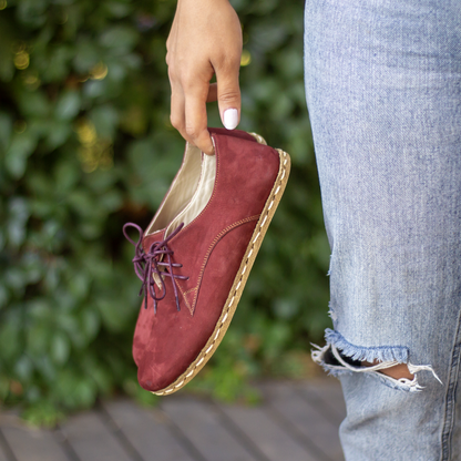 Earthing Shoes With Copper, Oxford Style Lace-up for Women, Burgundy Nubuck