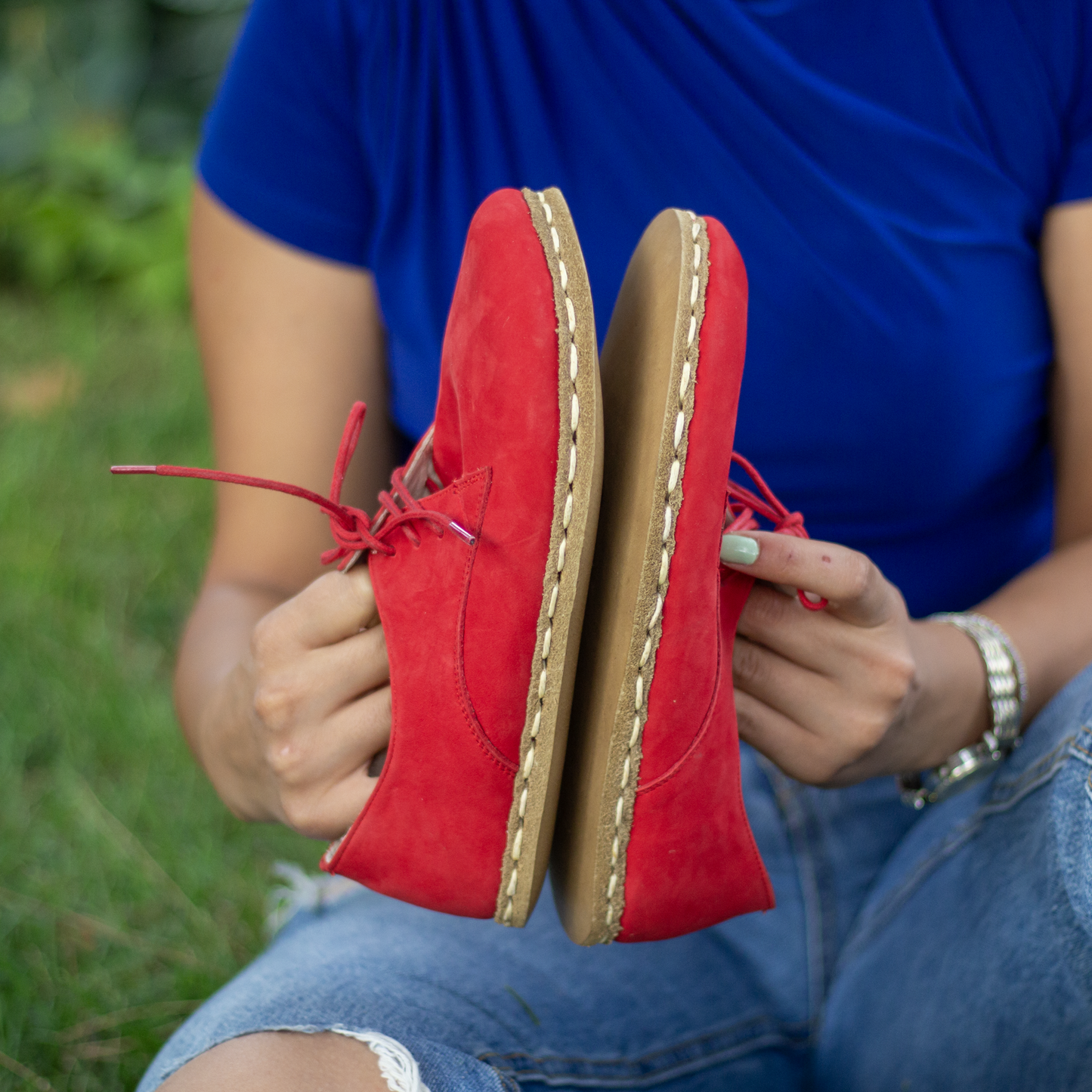 Earthing Shoes With Copper, Oxford Style Lace-up for Women, Red Nubuck