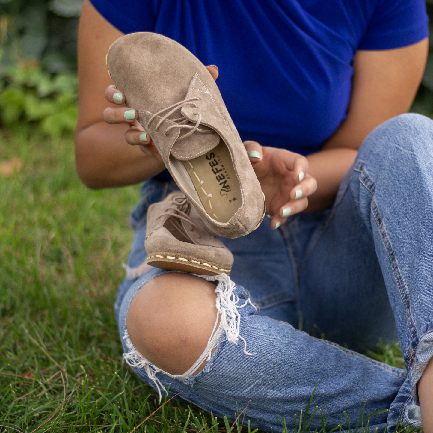 Handmade Milky Brown Suede Earthing Shoes with Copper for Women