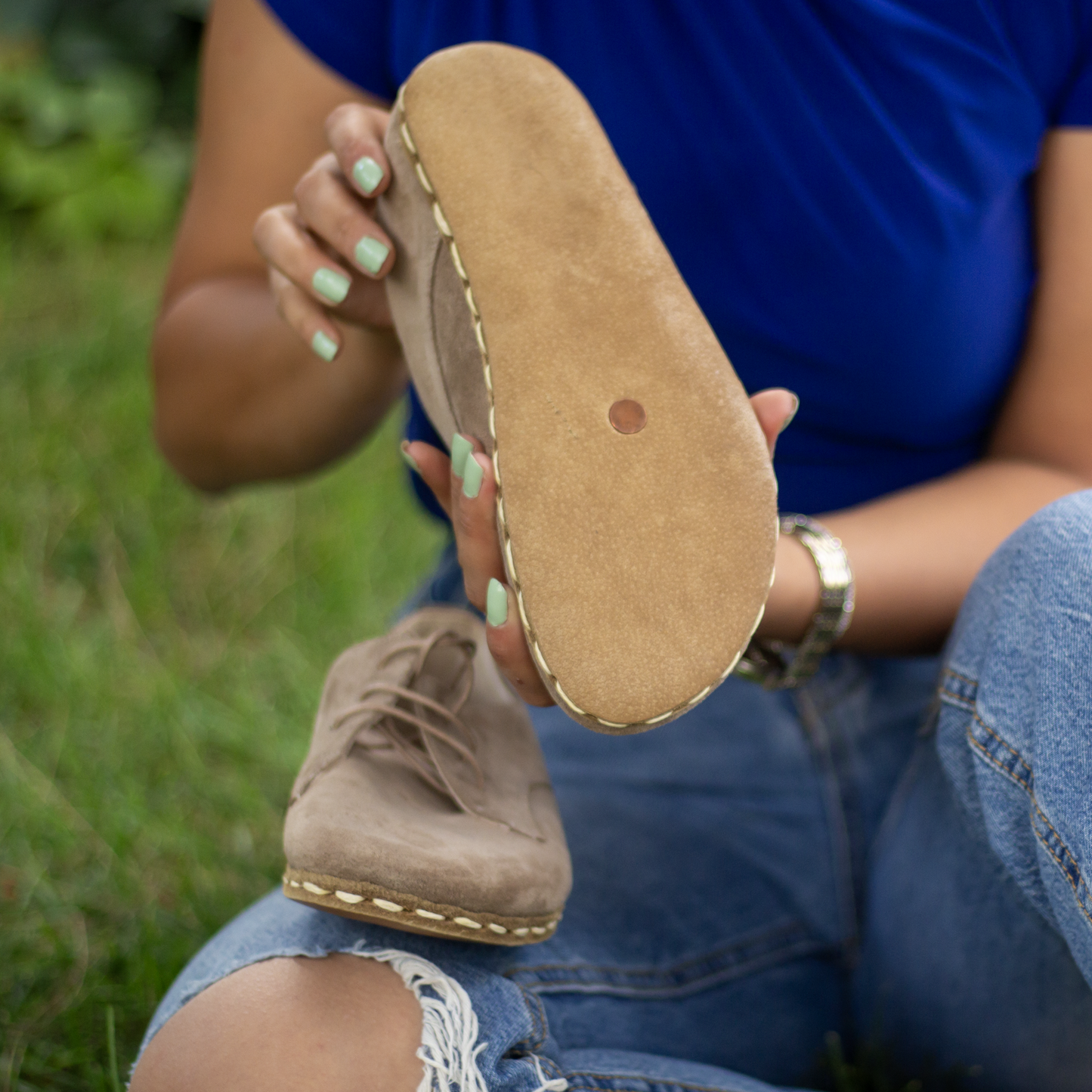 Handmade Milky Brown Suede Earthing Shoes with Copper for Women