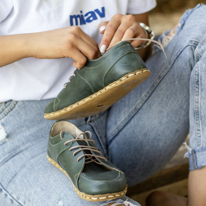 Barefoot Sport Shoes Handmade Women's Toledo Green Leather Earthing Sneakers