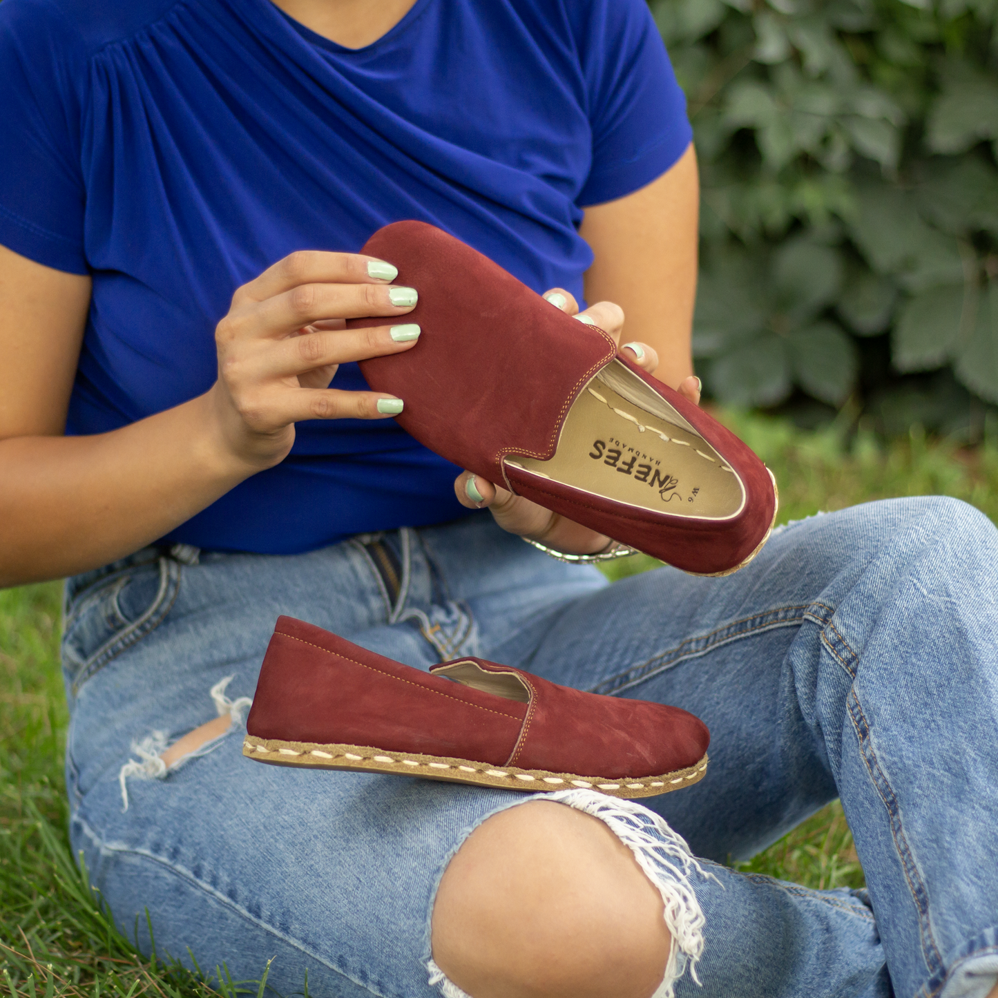 Leather Barefoot Handmade Women's Shoes - Nubuck Burgundy