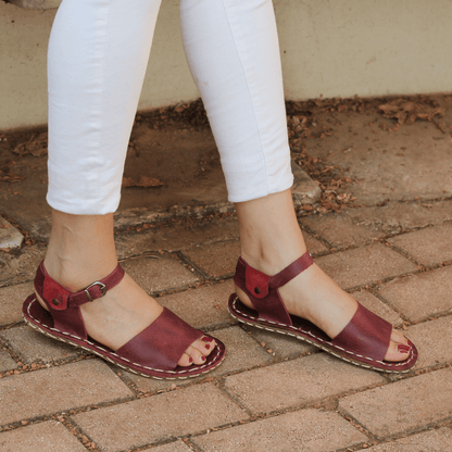 BAND Women's Burgundy Leather Barefoot Huarache Sandals