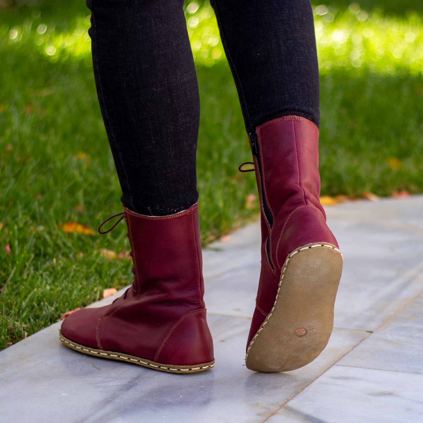 Barefoot Grounding Effect Burgundy Leather Boots For Women