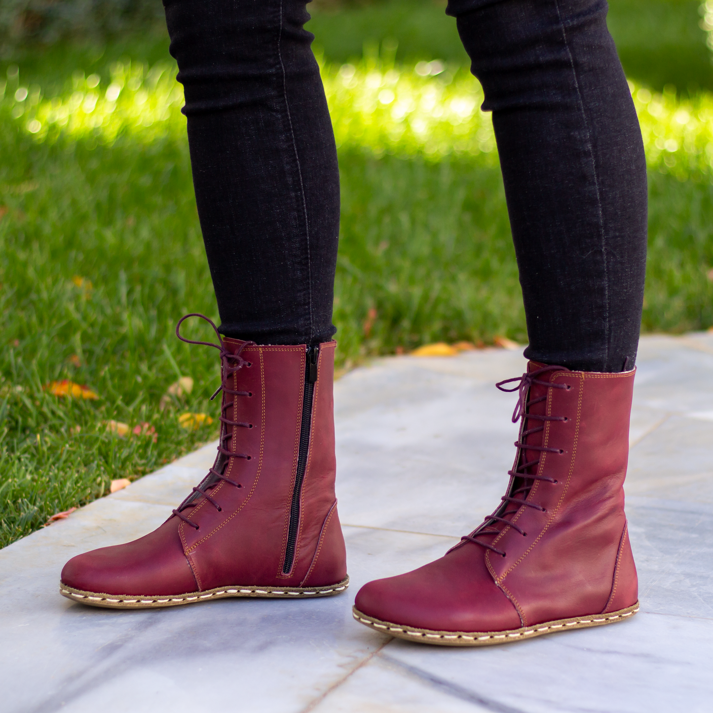 Barefoot Grounding Effect Burgundy Leather Boots For Women