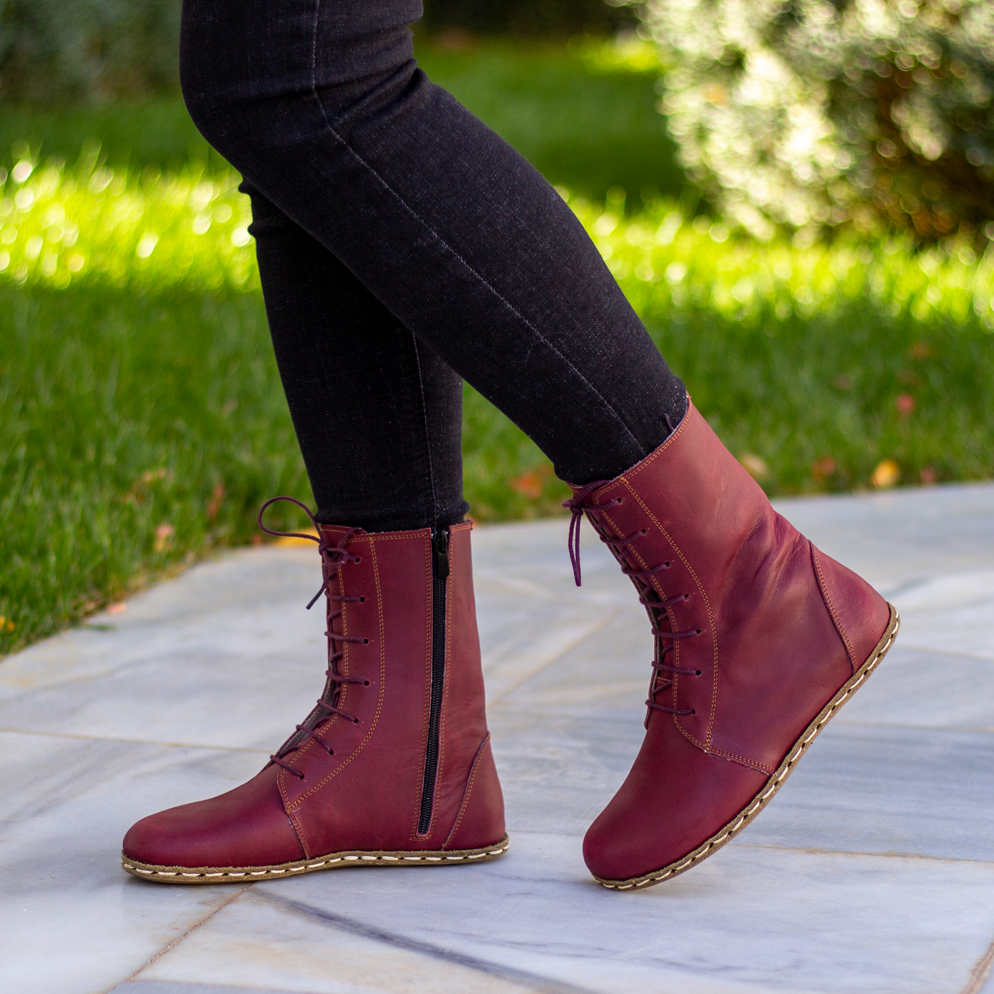 Barefoot Grounding Effect Burgundy Leather Boots For Women