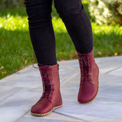 Barefoot Grounding Effect Burgundy Leather Boots For Women