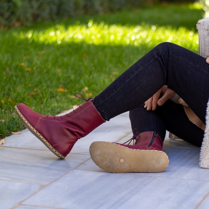 Barefoot Grounding Effect Burgundy Leather Boots For Women