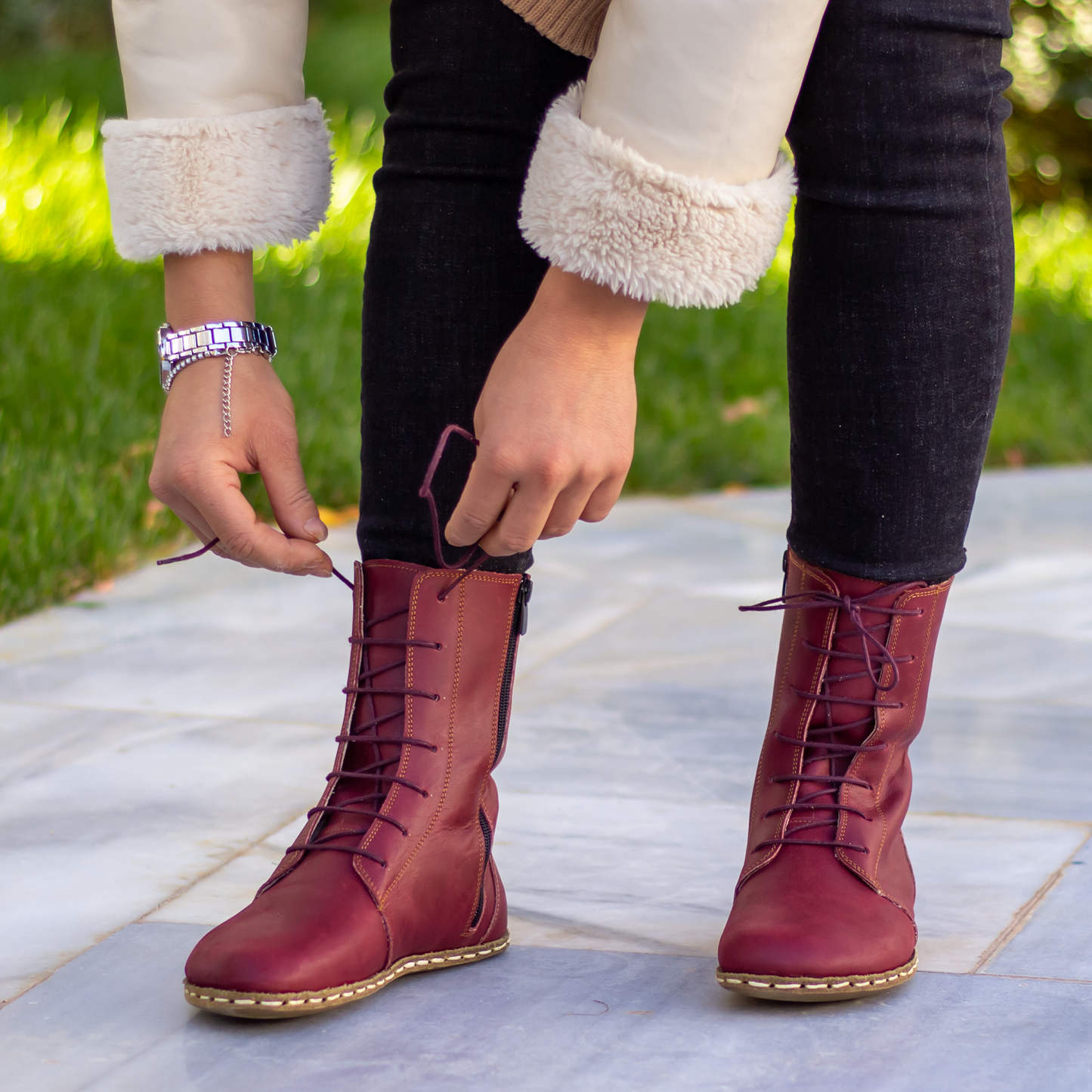 Barefoot Grounding Effect Burgundy Leather Boots For Women