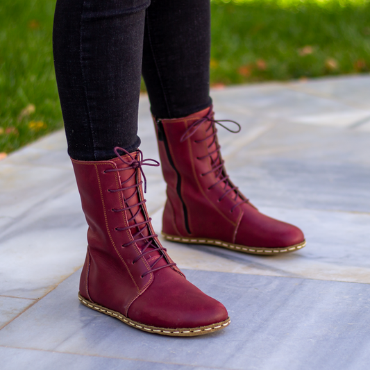 Barefoot Grounding Effect Burgundy Leather Boots For Women