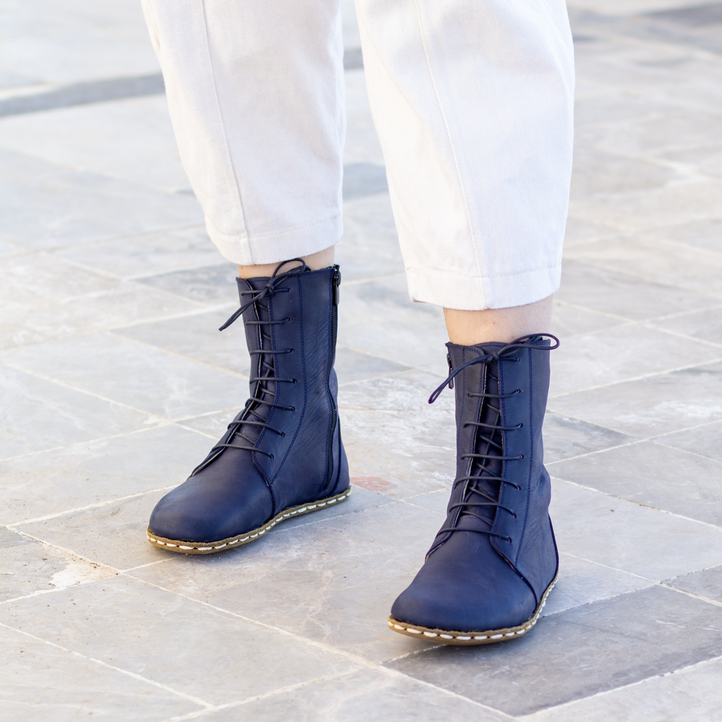 Barefoot Grounding Effect Navy Blue Leather Boots For Women