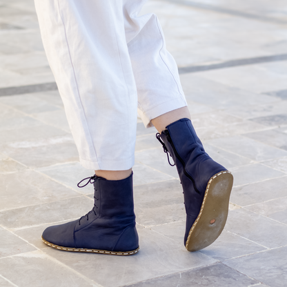 Barefoot Grounding Effect Navy Blue Leather Boots For Women