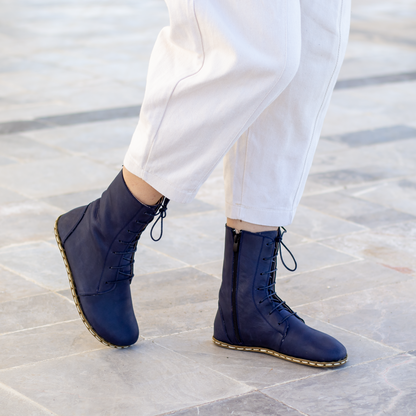 Barefoot Grounding Effect Navy Blue Leather Boots For Women