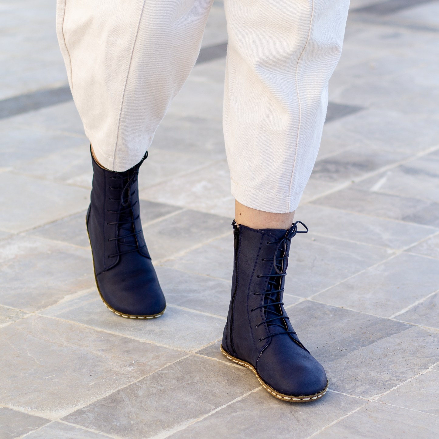 Barefoot Grounding Effect Navy Blue Leather Boots For Women