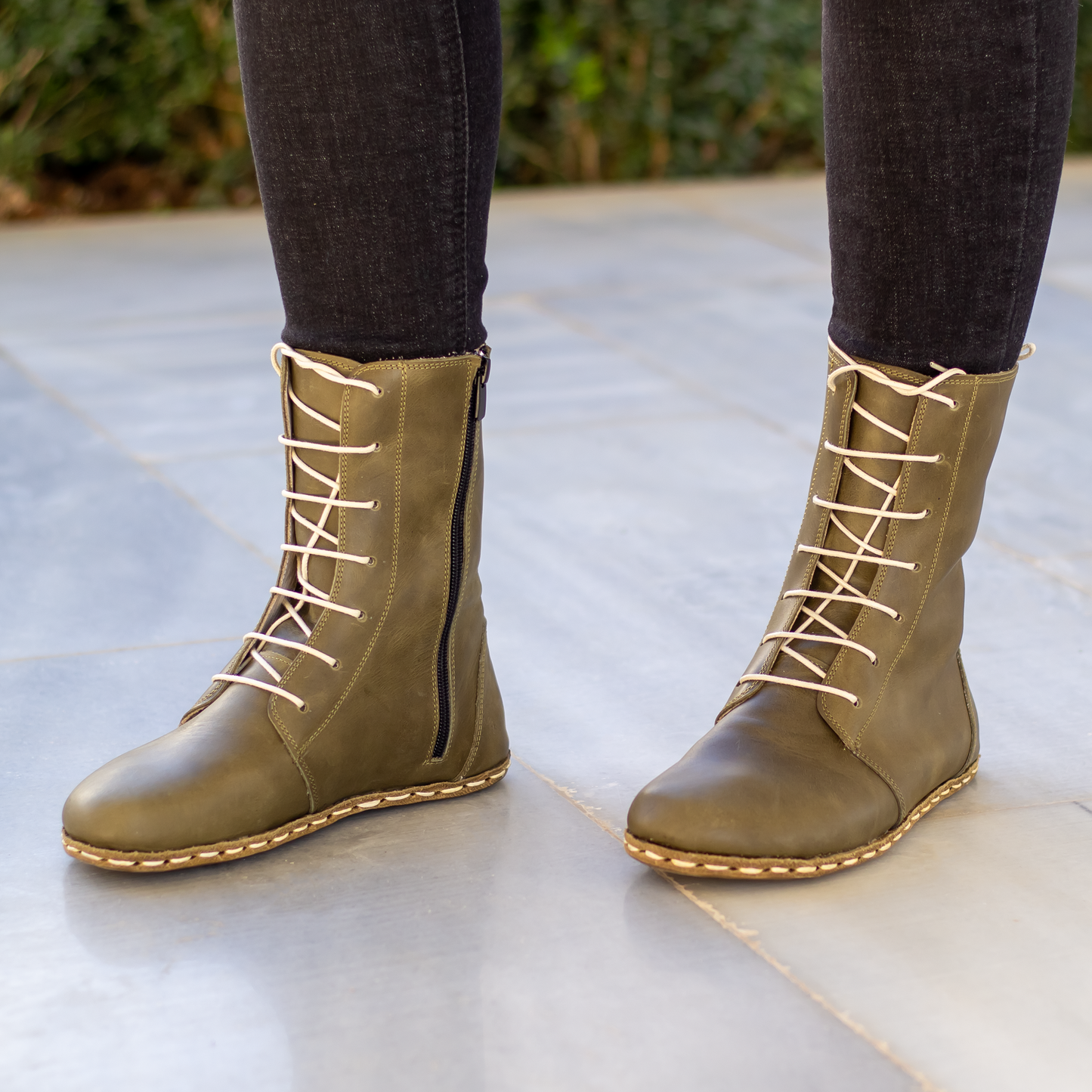 Barefoot Grounding Effect Olive Green Leather Boots For Women