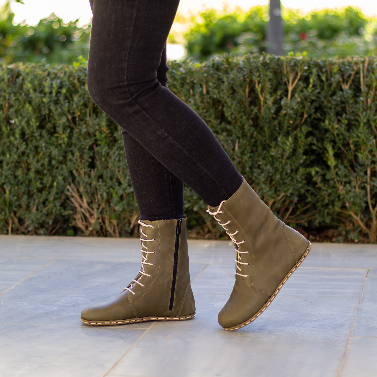 Barefoot Grounding Effect Olive Green Leather Boots For Women