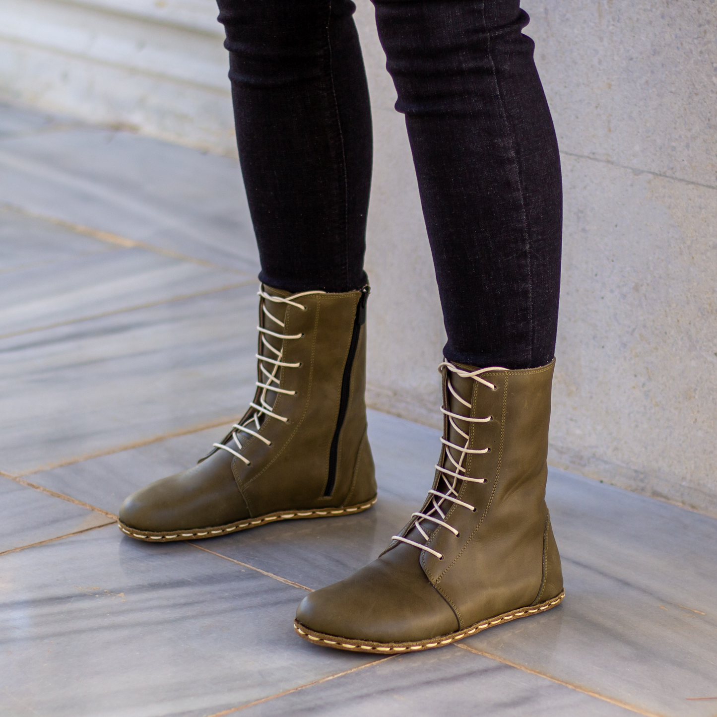 Barefoot Grounding Effect Olive Green Leather Boots For Women