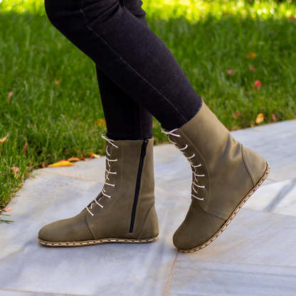 Barefoot Grounding Effect Olive Green Leather Boots For Women