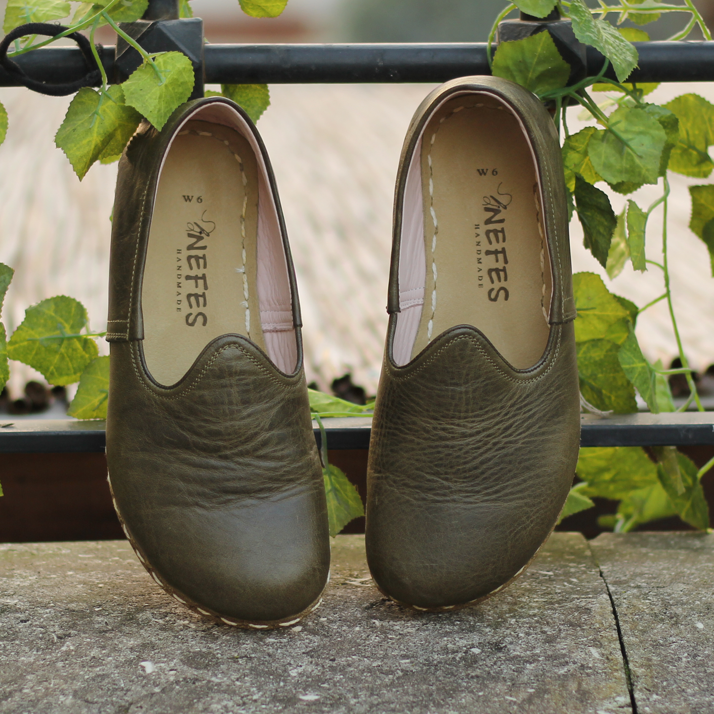 Barefoot Military Green Leather Shoes: Handmade For Men's