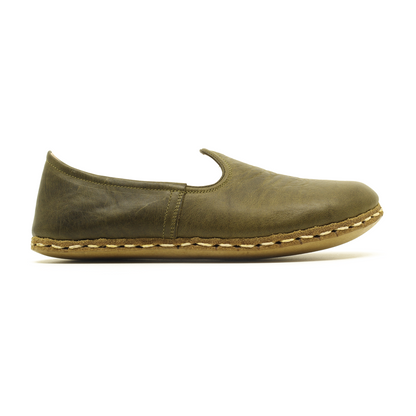 Barefoot Military Green Leather Shoes: Handmade For Men's