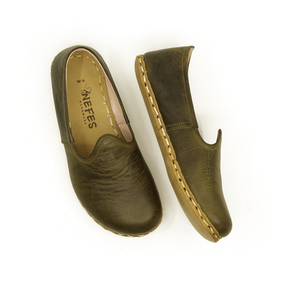 Barefoot Military Green Leather Shoes: Handmade For Men's