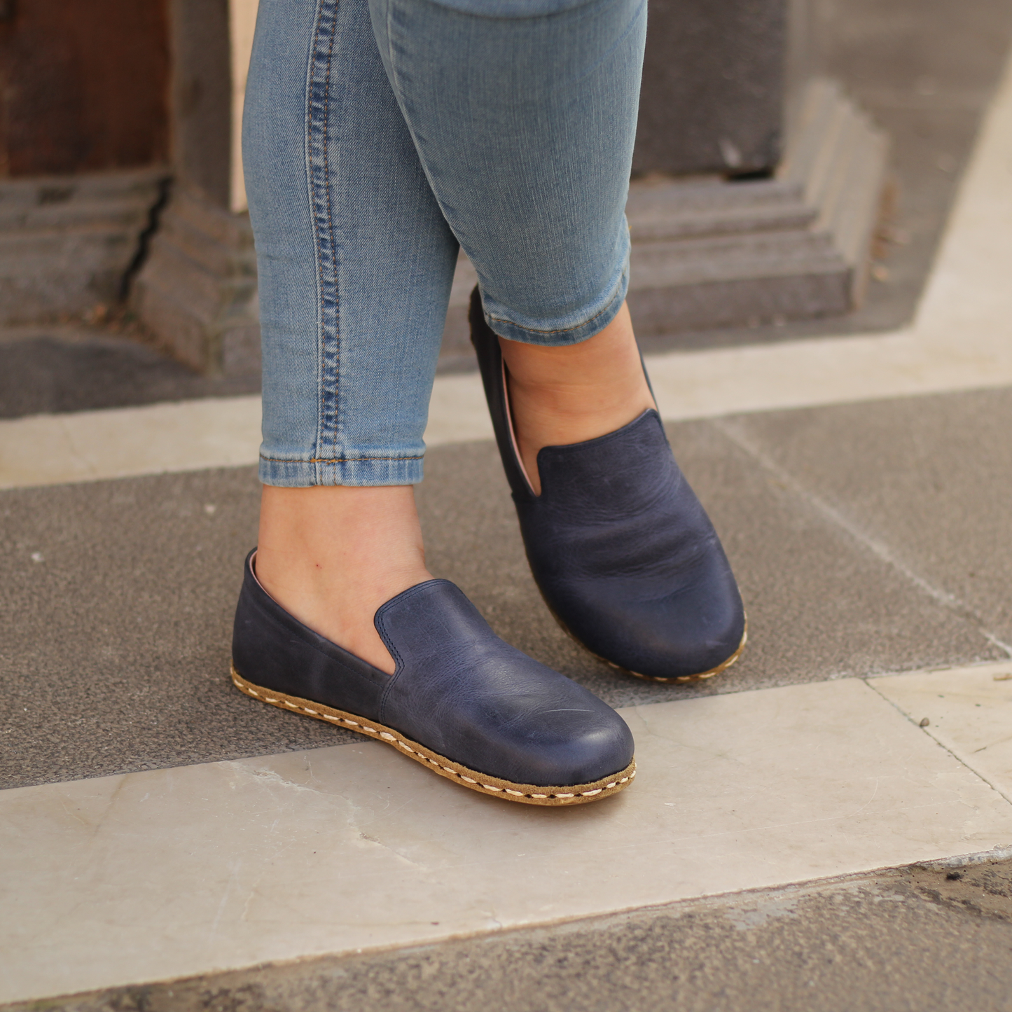 Barefoot Navy Blue Leather Women's Shoes "Modern Style"