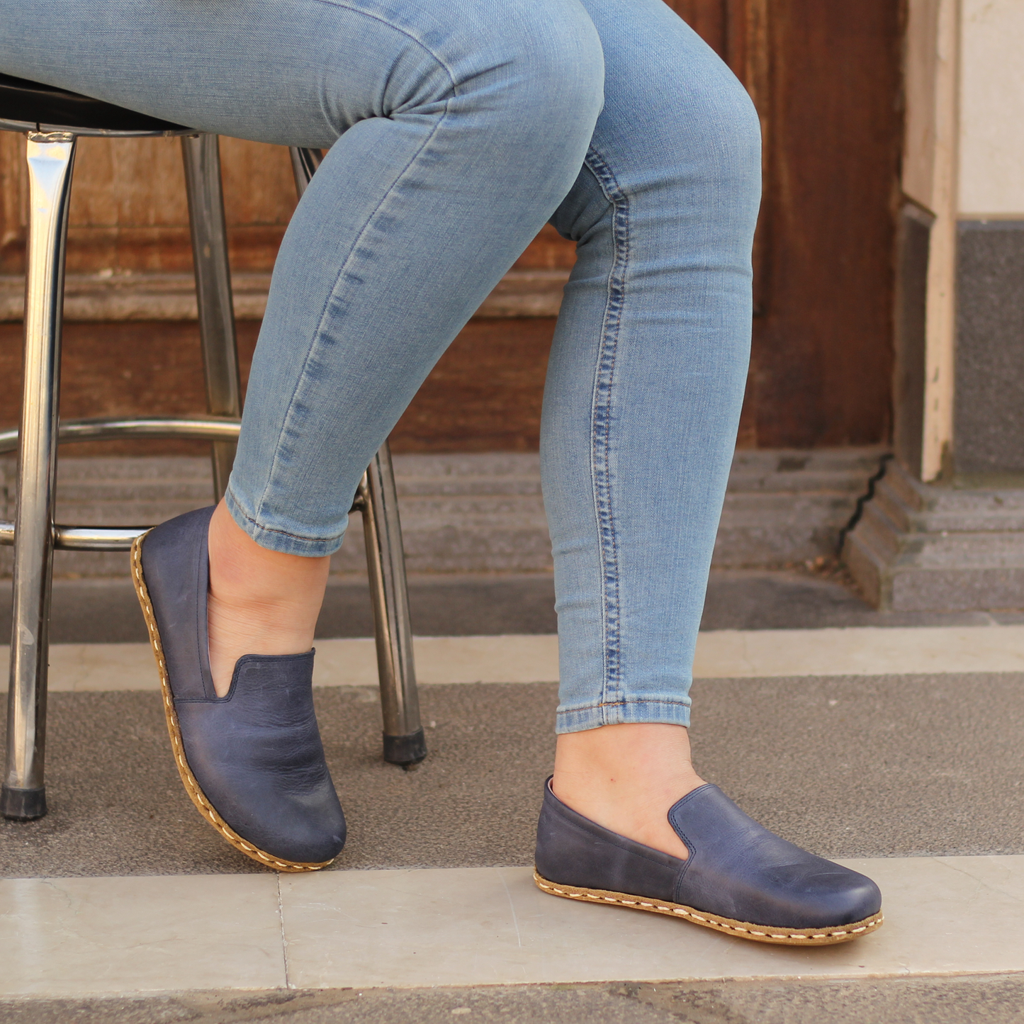 Barefoot Navy Blue Leather Women's Shoes "Modern Style"