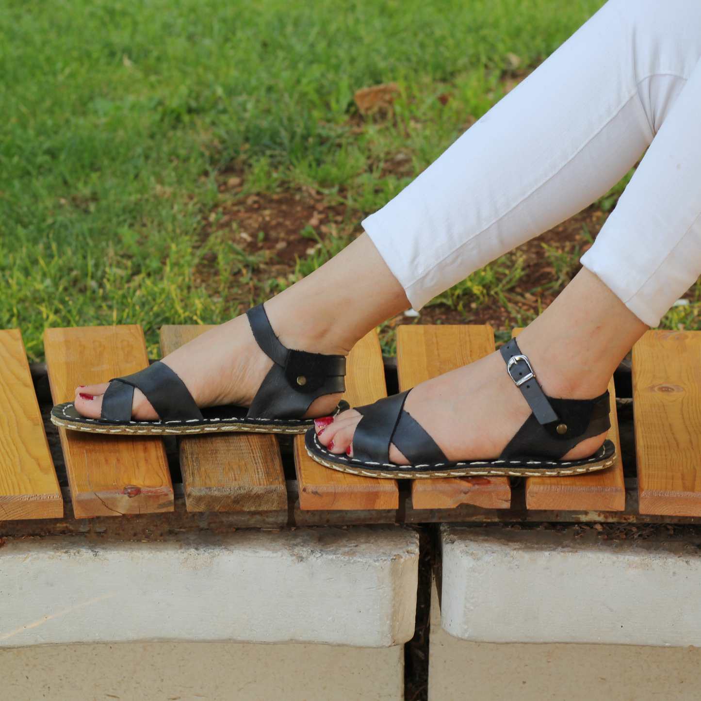 Black Leather Women's Huarache Barefoot Sandals