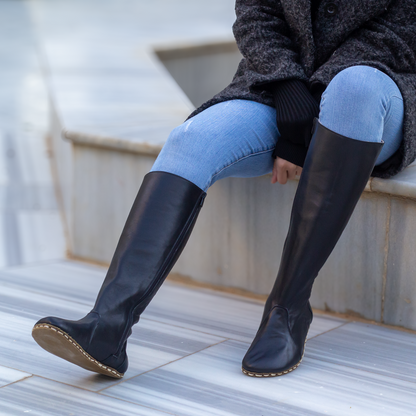 Black Women's Leather Barefoot Earthing Long Boots