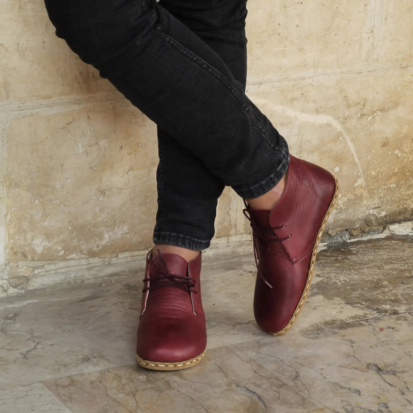 Burgundy Barefoot Leather Men's Laced Short Boots