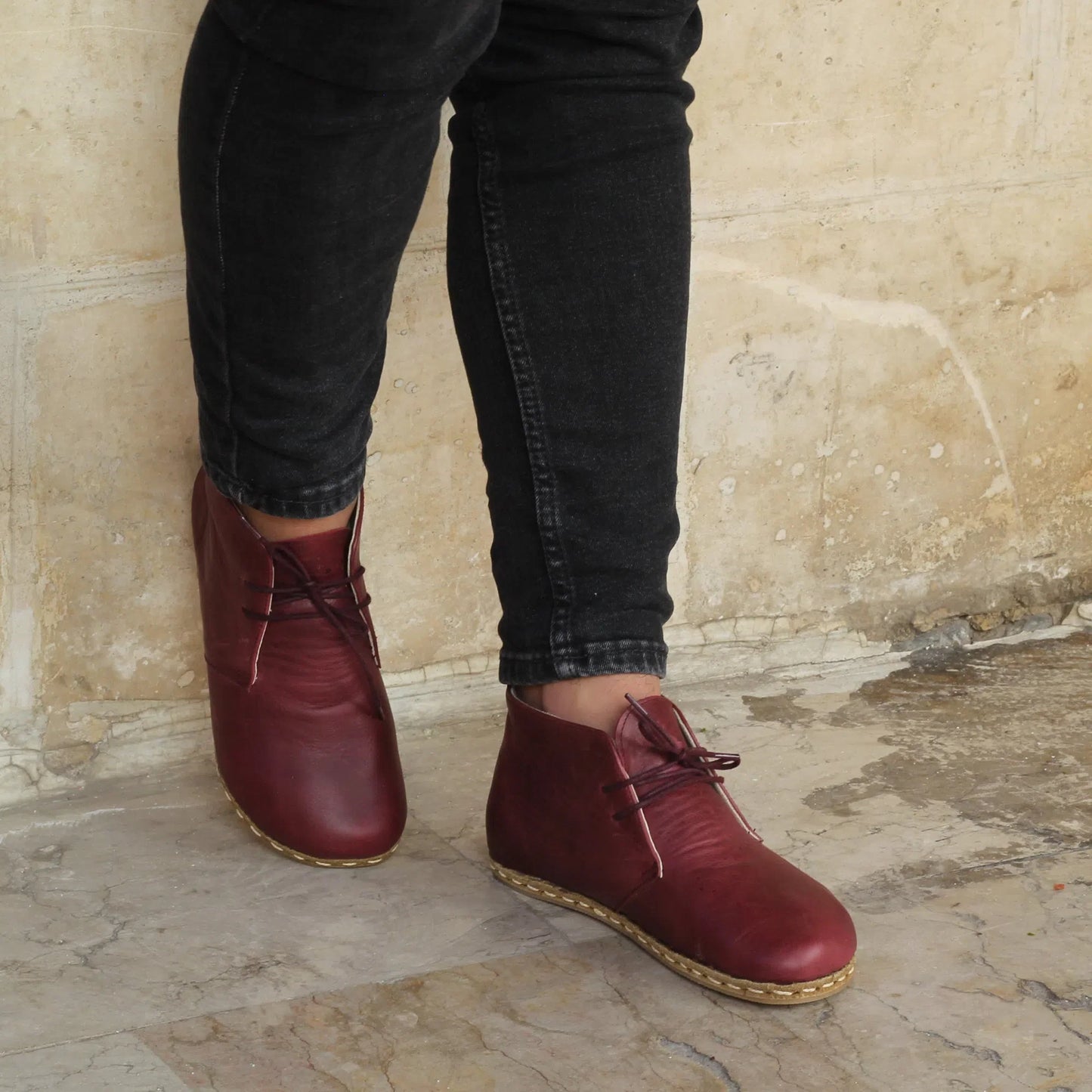 Burgundy Barefoot Leather Men's Laced Short Boots