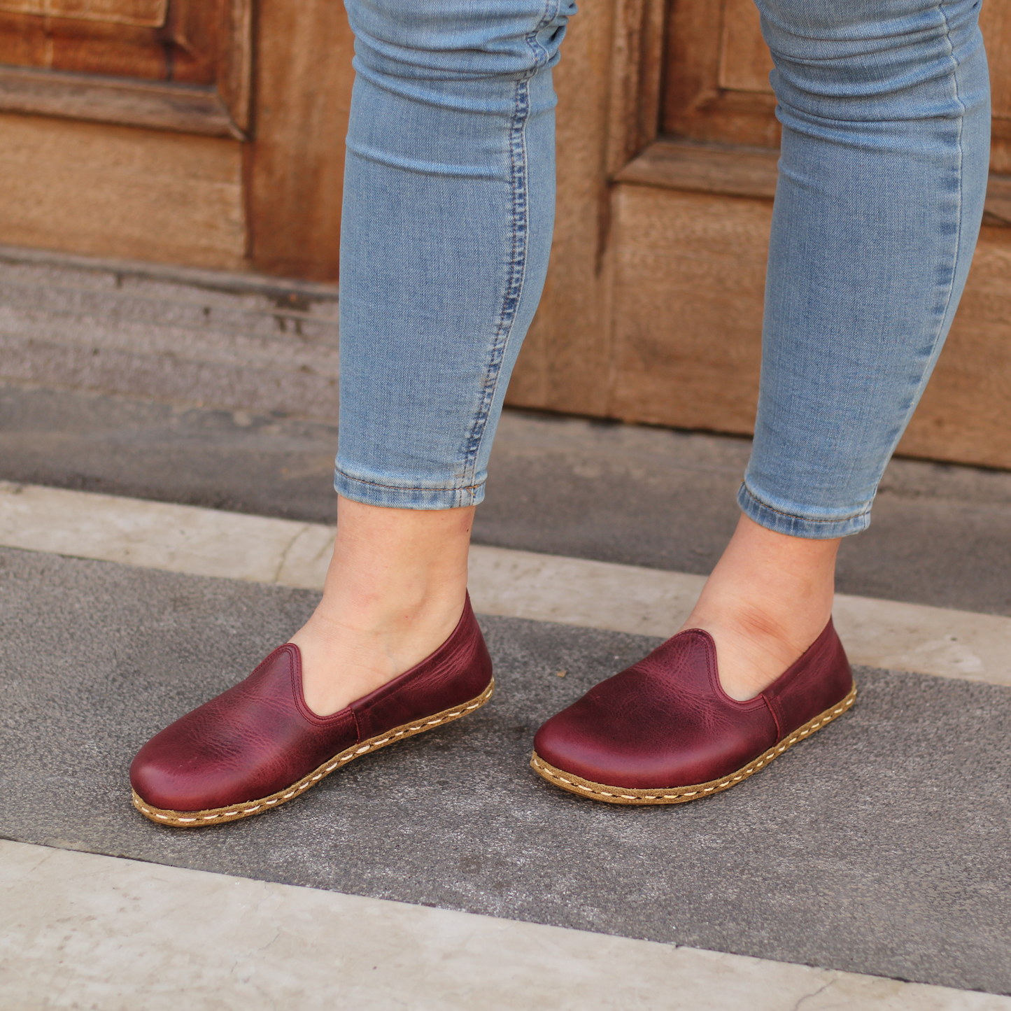 Burgundy Barefoot Leather Shoes Flat for Women