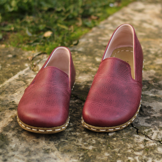 Burgundy Leather Handmade Barefoot Men's Loafer Shoes