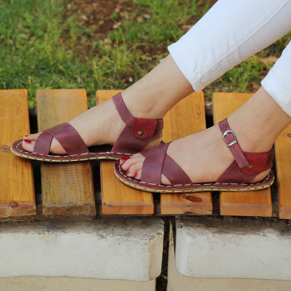 Burgundy Leather Women's Huarache Barefoot Sandals