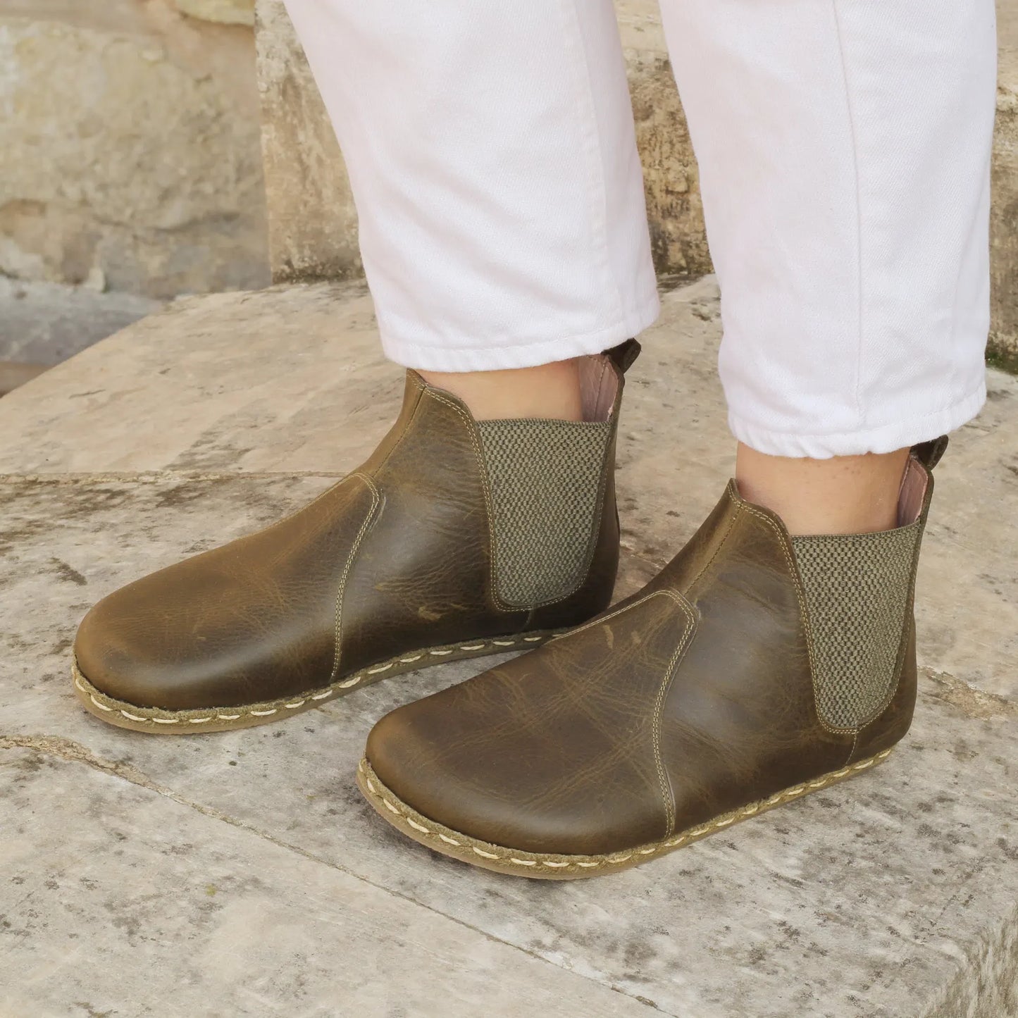 Chelsea Boots Handmade Military Green Barefoot Women's