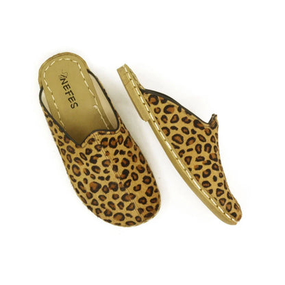 Closed Toe Leather Women's Slippers Yellow Leopard Print