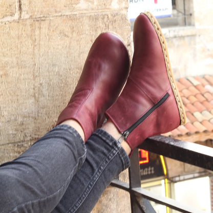 Genuine Leather Barefoot Men's Boots Burgundy Zippered Short Boots