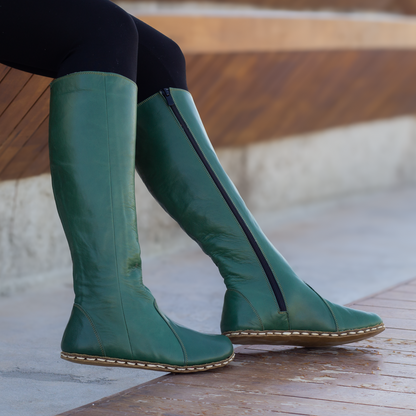 Green Women's Leather Barefoot Earthing Long Boots