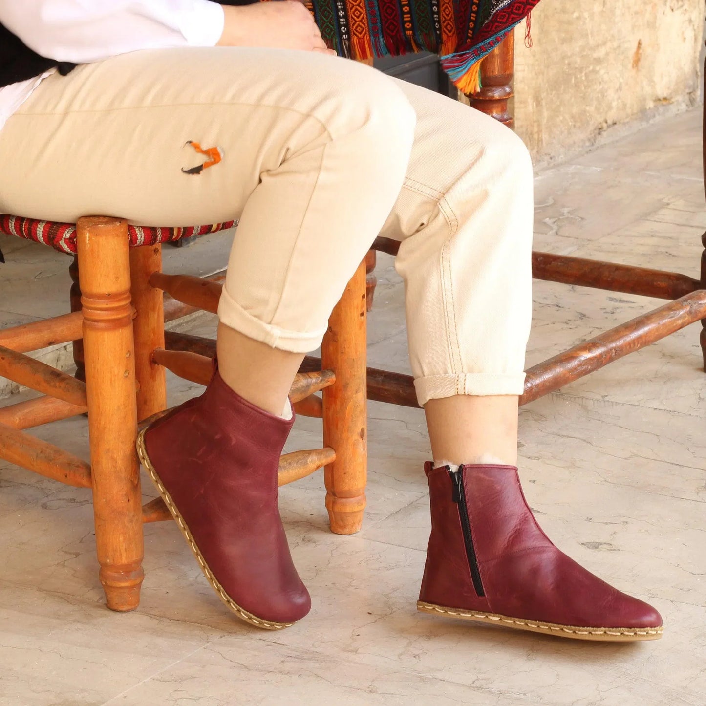 Handcrafted Burgundy Tuscan Fur Ankle Boots For Women