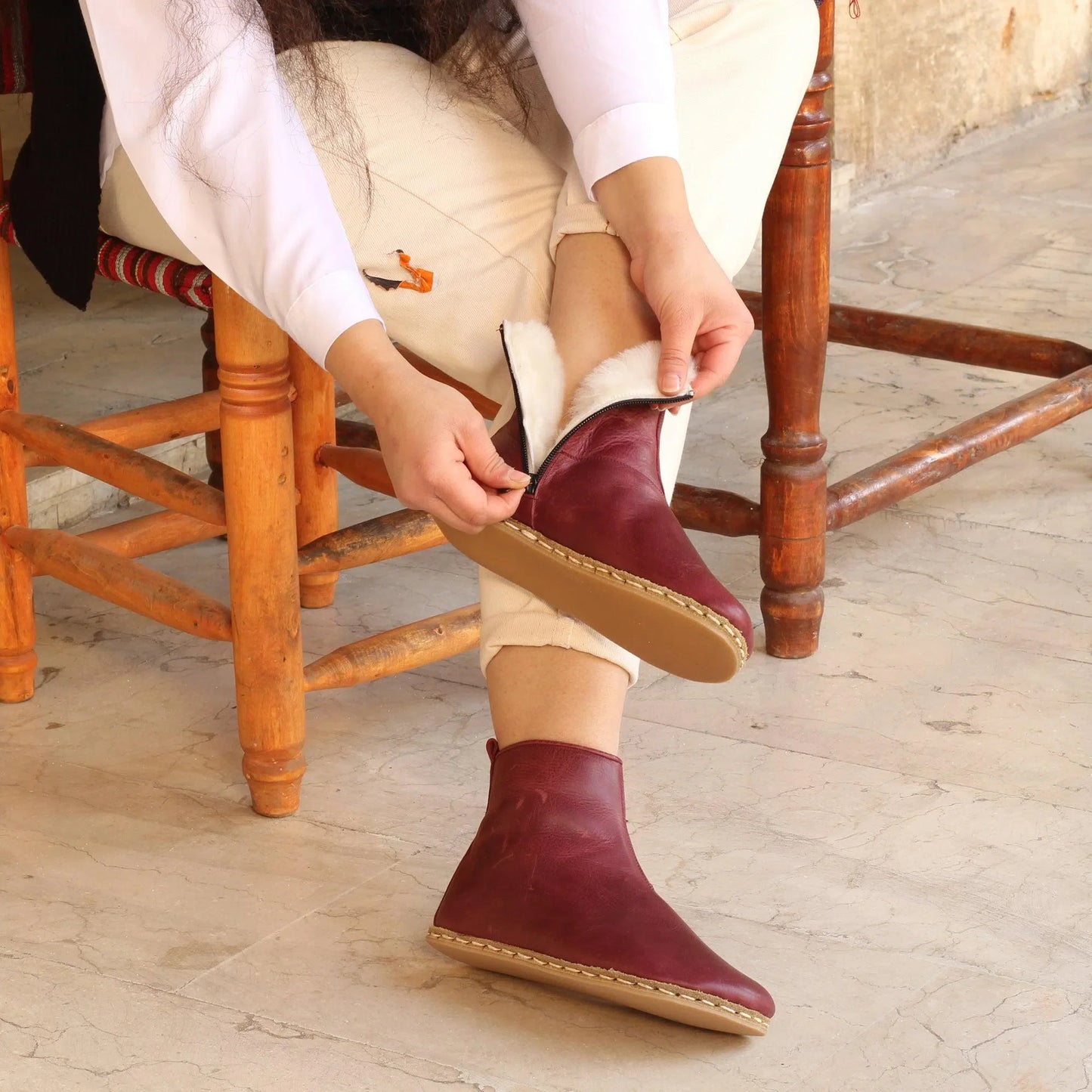 Handcrafted Burgundy Tuscan Fur Ankle Boots For Women