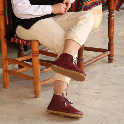 Handmade Burgundy Barefoot Shearling Oxford Boots For Women