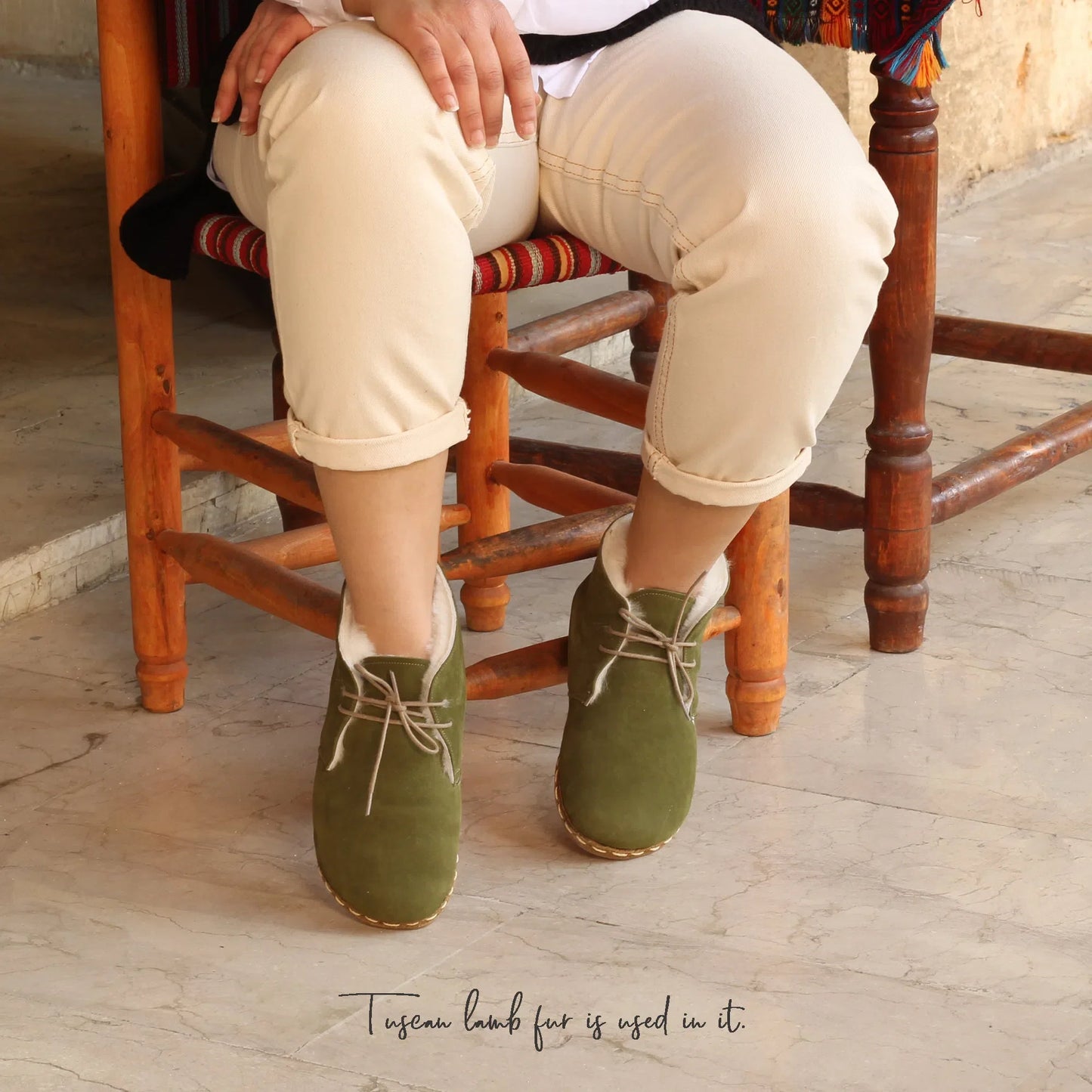 Handmade Green Barefoot Shearling Oxford Boots For Women