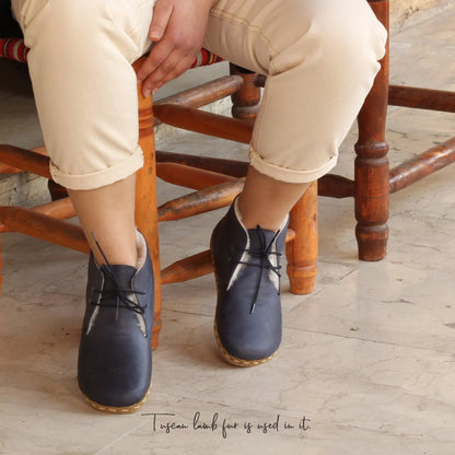 Handmade Navy Blue Barefoot Shearling Oxford Boots For Women