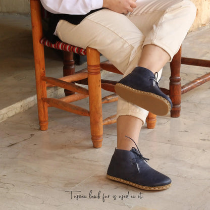 Handmade Navy Blue Barefoot Shearling Oxford Boots For Women