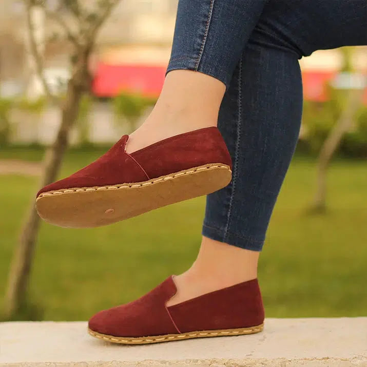 Leather Barefoot Handmade Women's Shoes - Nubuck Burgundy