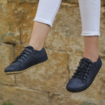 Handmade Women's Navy Blue Leather Barefoot Sneakers