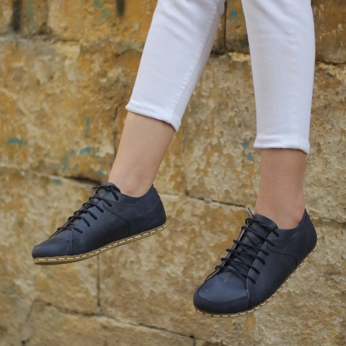 Handmade Women's Navy Blue Leather Barefoot Sneakers