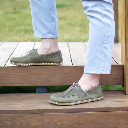 Military Green Men's Leather Earthing Barefoot Shoes